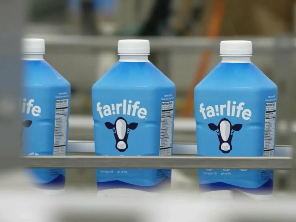 fairlife milk bottles on the production line